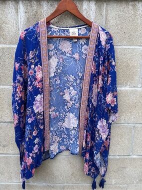 Knox Rose Blue Floral Kimono Tunic with Pink & Cream Accents